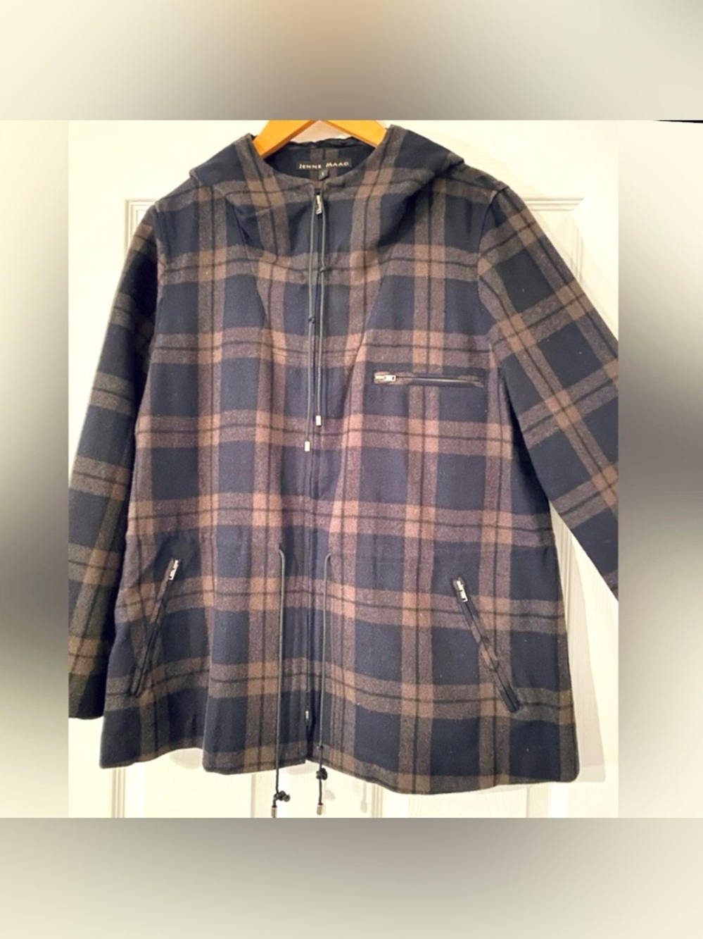 Jenne Maac Navy/Hunter Green Tartan Zip Up Hooded Wool Fall Jacket Size Large